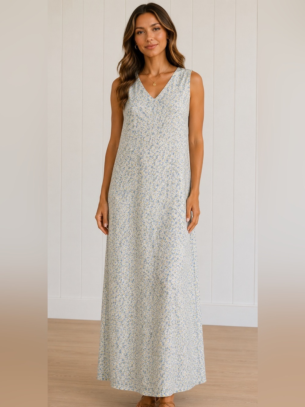 Romantic Ditzy Floral Maxi Dress Linen Cottagecore Summer Minimalist Size 10